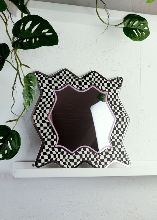 Spikey Checkerboard Mirror - Black/Cream/Pink