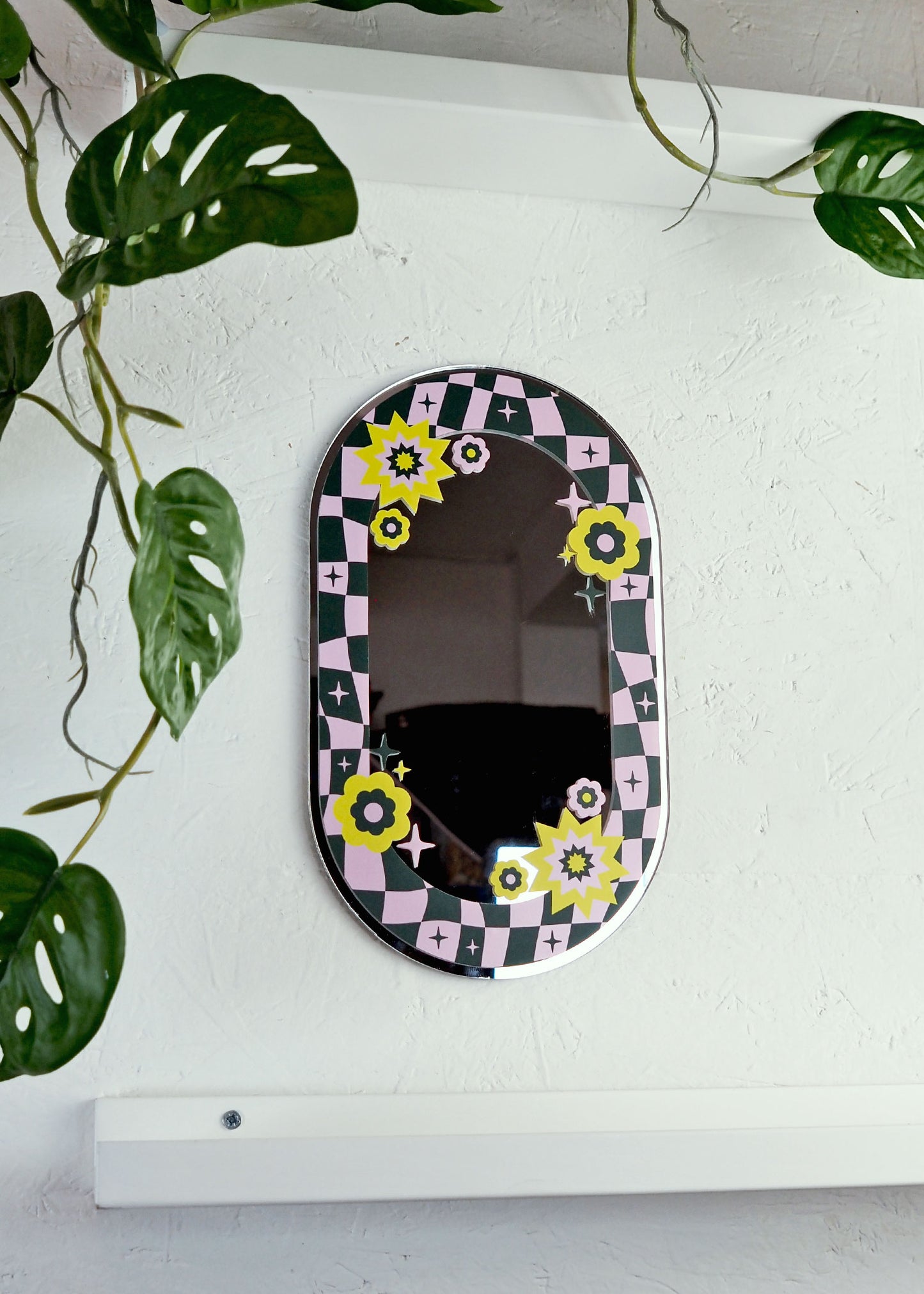 Oval Floral Check Mirror - Teal & Pink
