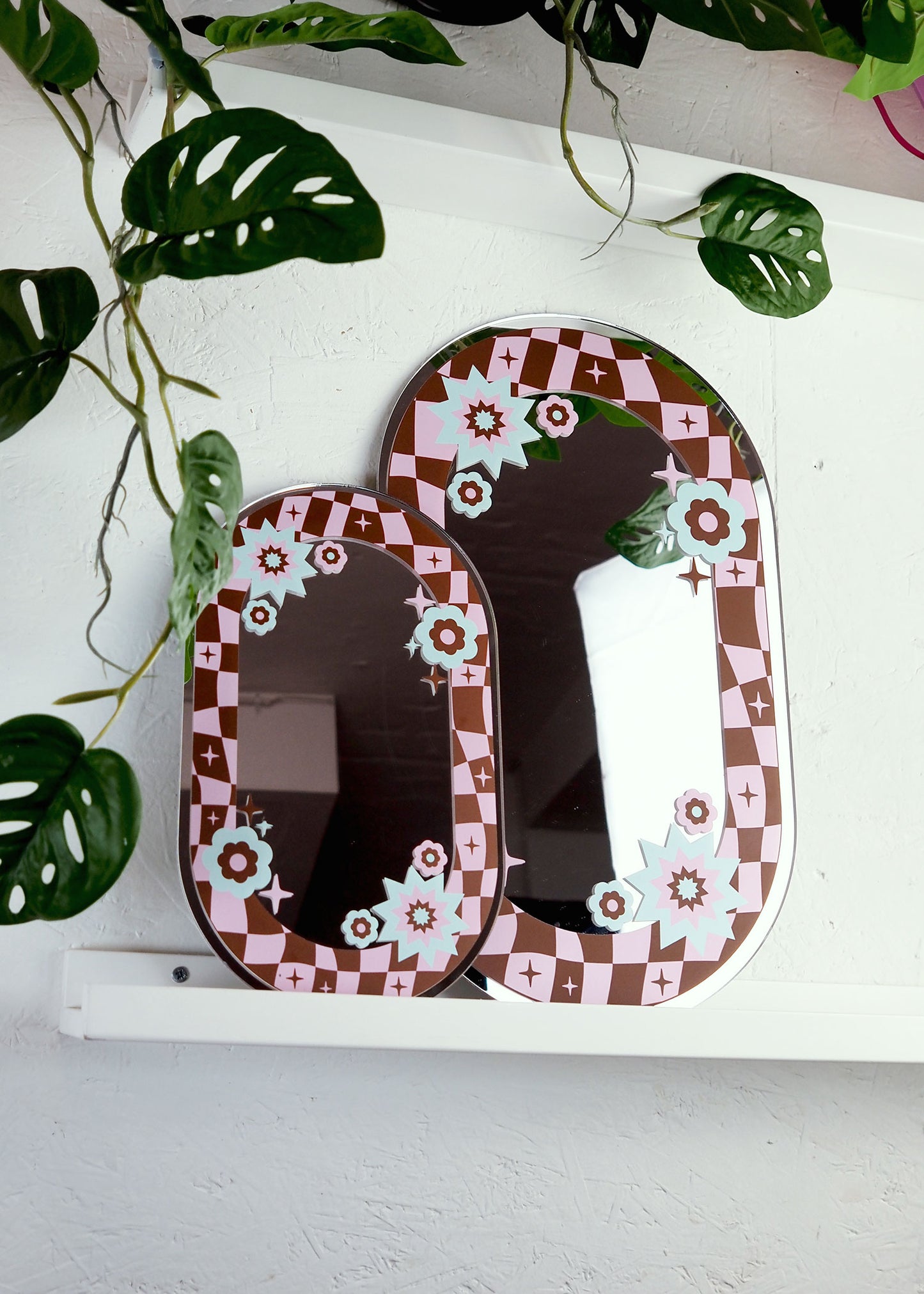 Oval Floral Check Mirror - Burgandy & Pink