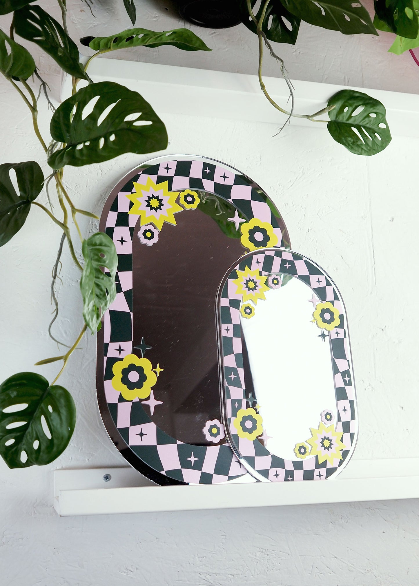 Oval Floral Check Mirror - Teal & Pink