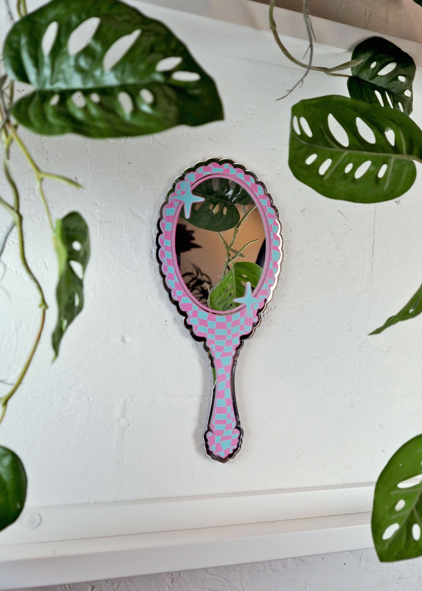 Retro Vanity 'Hand Held' Mirror - Blue & Pink