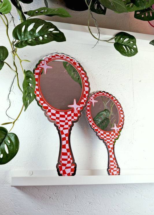 Retro Vanity 'Hand Held' Mirror - Red & Pink