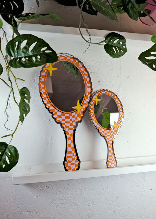 Retro Vanity 'Hand Held' Mirror - Orange & Pink