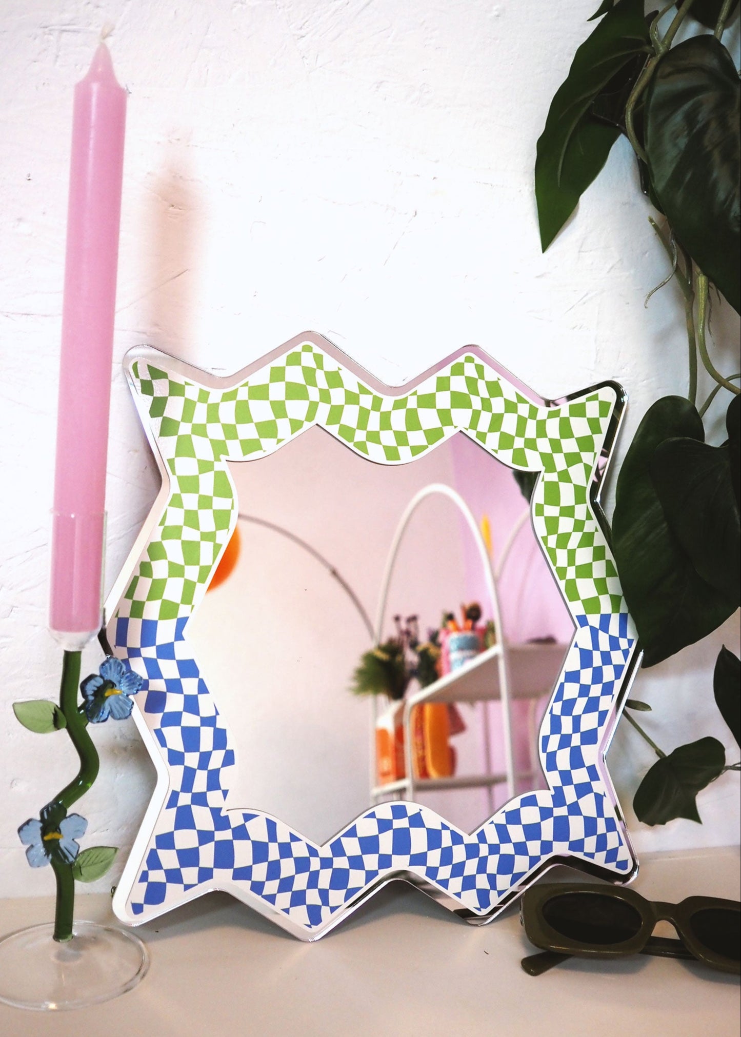 Spikey Checkerboard Mirror - Green/Blue
