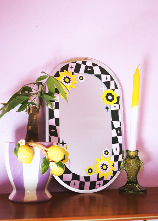 Oval Floral Check Mirror - Teal & Pink