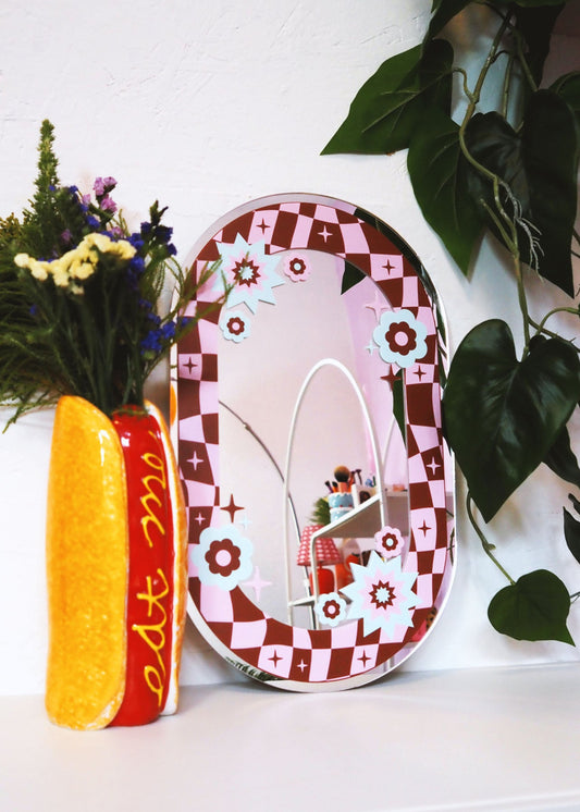 Oval Floral Check Mirror - Burgandy & Pink