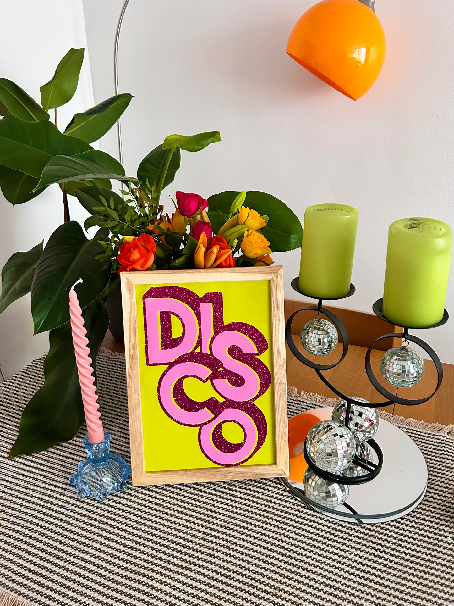 DISCO Lime & Pink Glitter Fabric Print