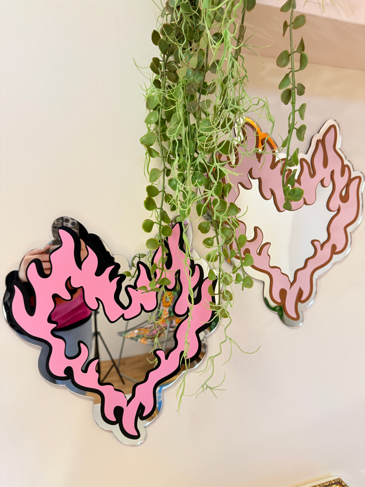 Flaming Heart Mirror - Baby Pink & Brown