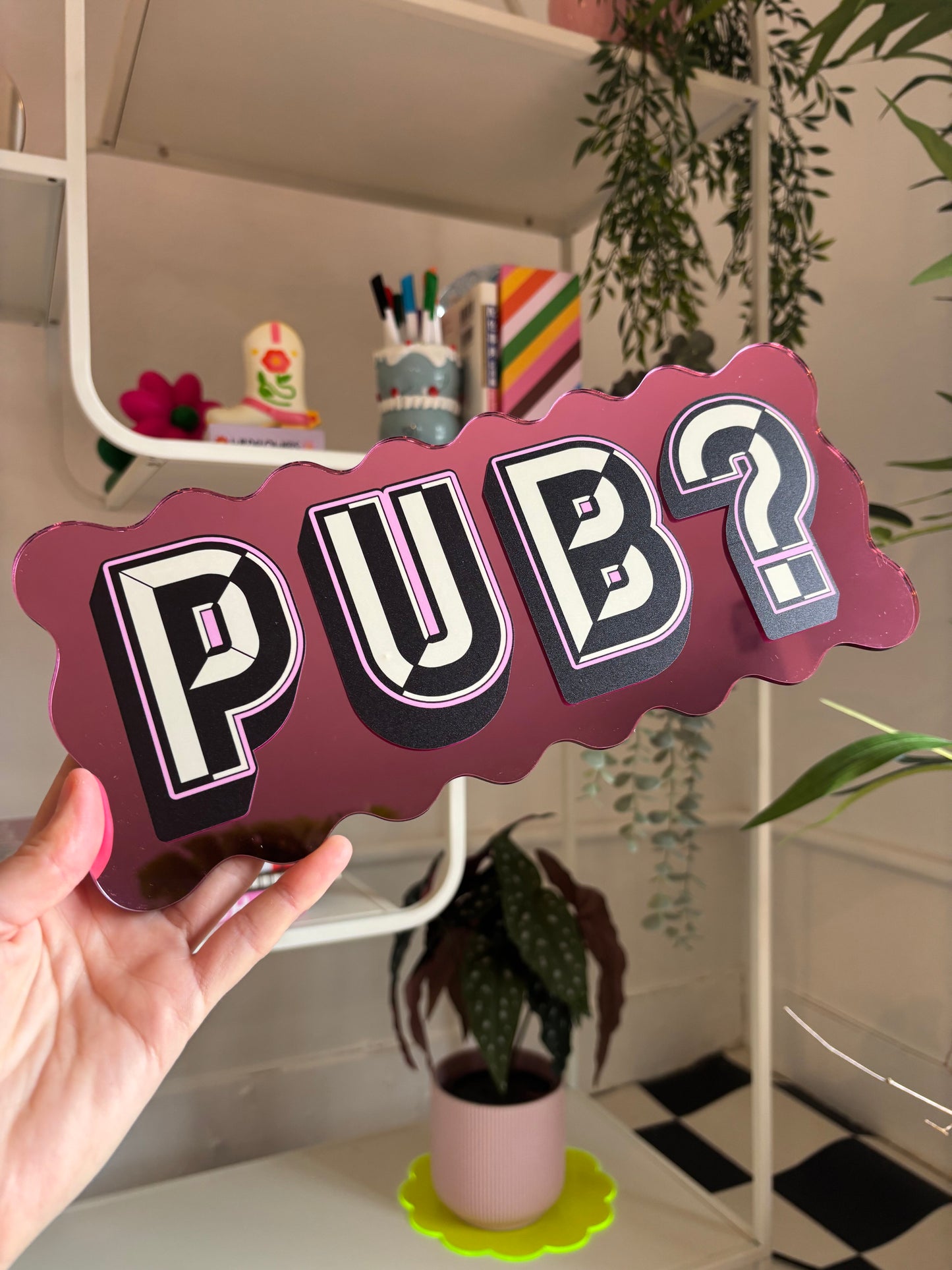 A4 Wavy Sign - Pub? (White/Black/Pink) - Pink