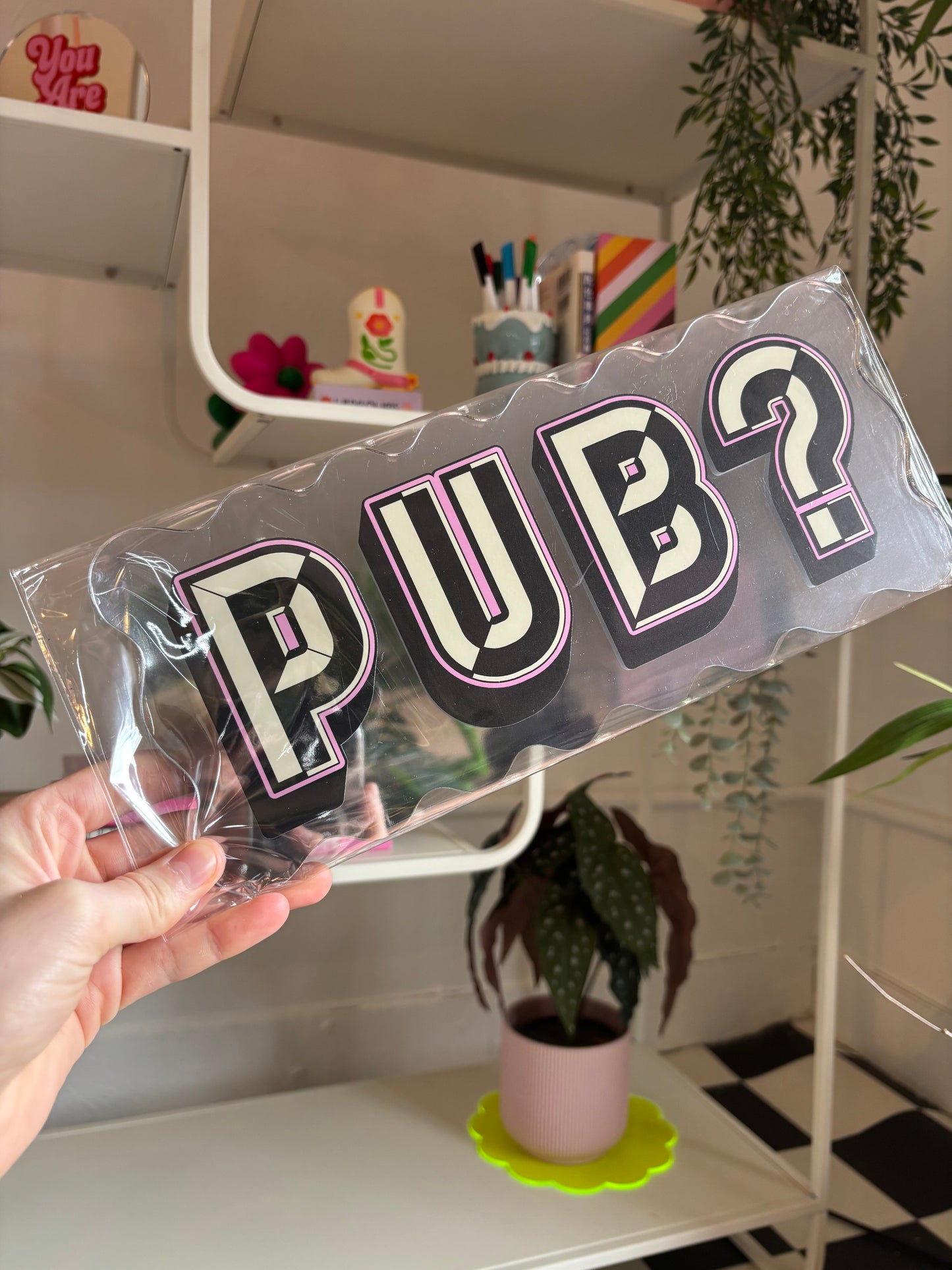 A4 Wavy Sign - Pub? (White/Black/Pink) - Silver