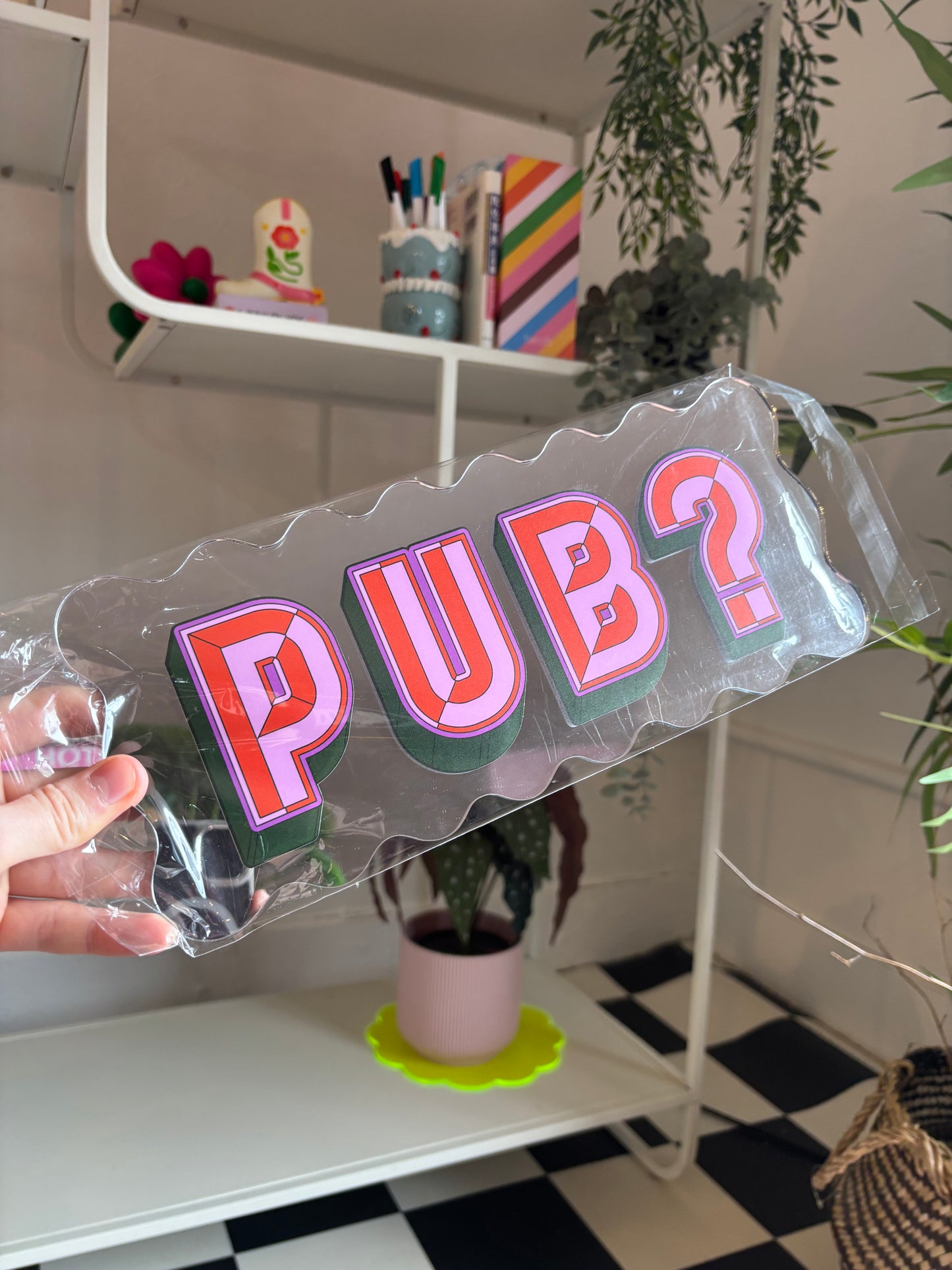 A4 Wavy Sign - Pub? (Pink/Red/Olive) - Silver