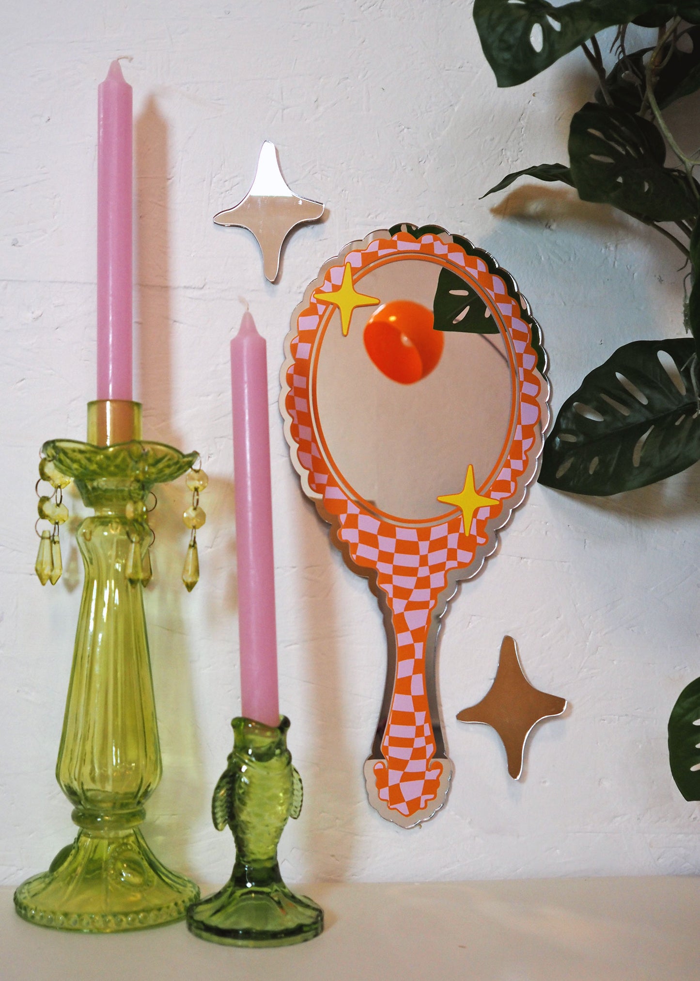 Retro Vanity 'Hand Held' Mirror - Orange & Pink