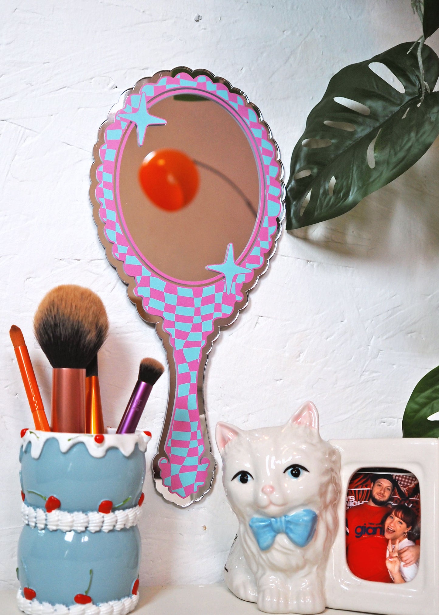 Retro Vanity 'Hand Held' Mirror - Blue & Pink
