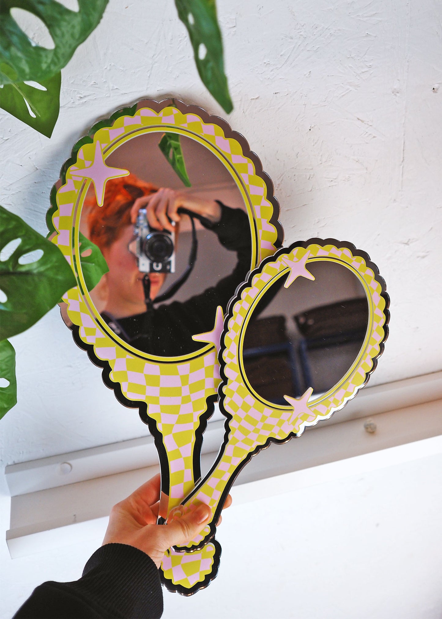 Retro Vanity 'Hand Held' Mirror - Pink & Green