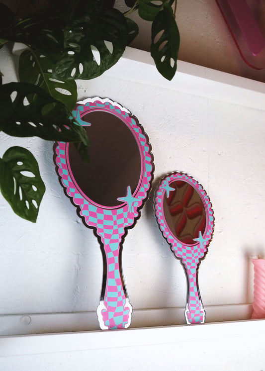 Retro Vanity 'Hand Held' Mirror - Blue & Pink