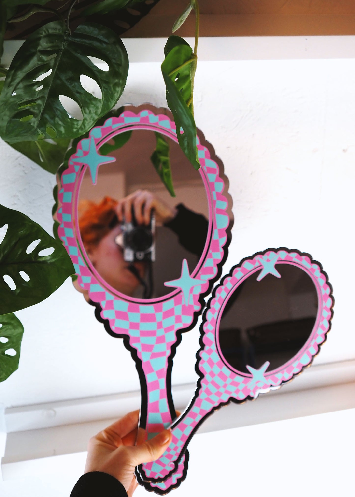 Retro Vanity 'Hand Held' Mirror - Blue & Pink
