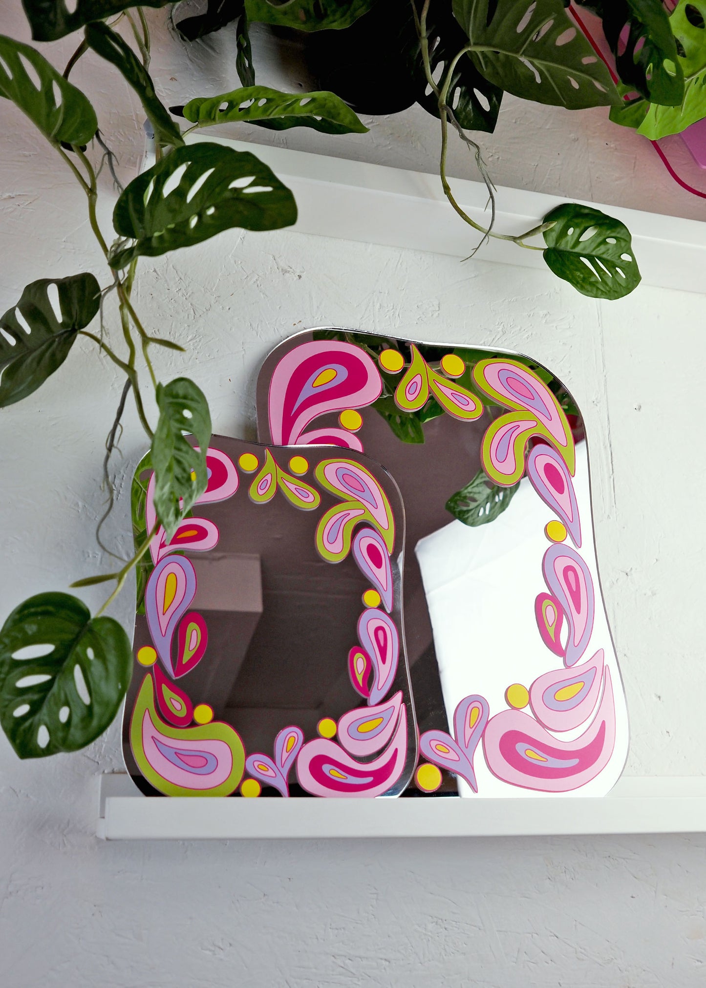 Groovy 70s Paisley Square Mirror - Raspberry Ripple