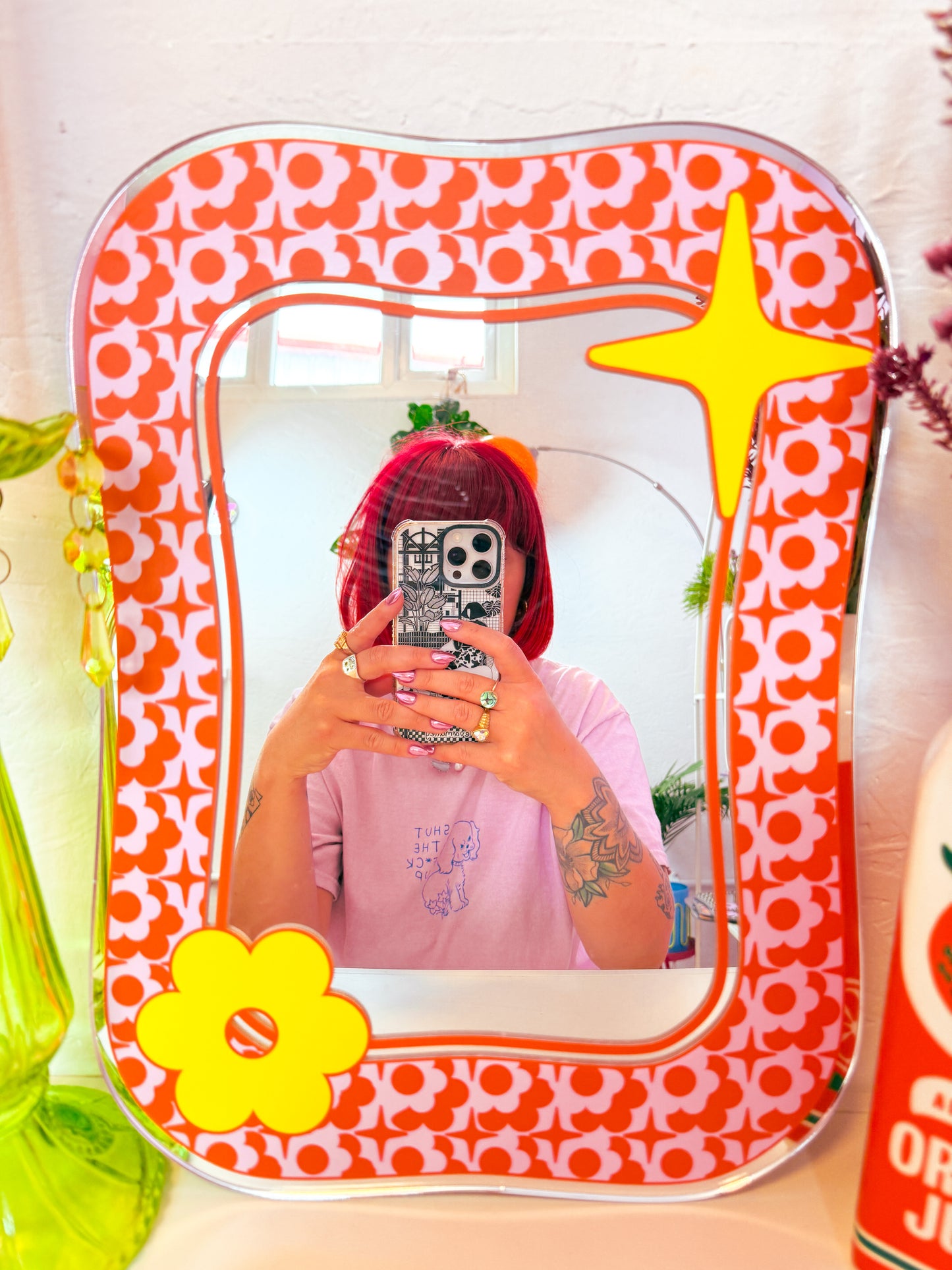 Groovy Pattern Square Blob Mirror - Orange & Pink