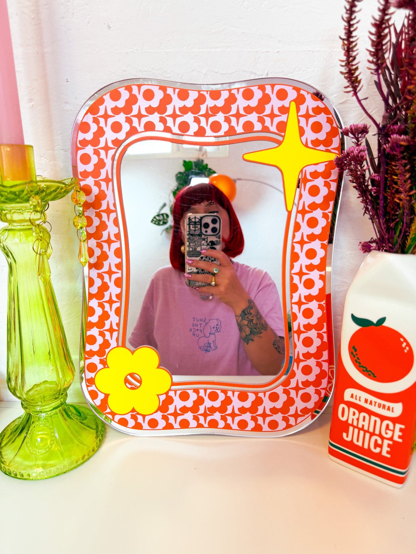 Groovy Pattern Square Blob Mirror - Orange & Pink