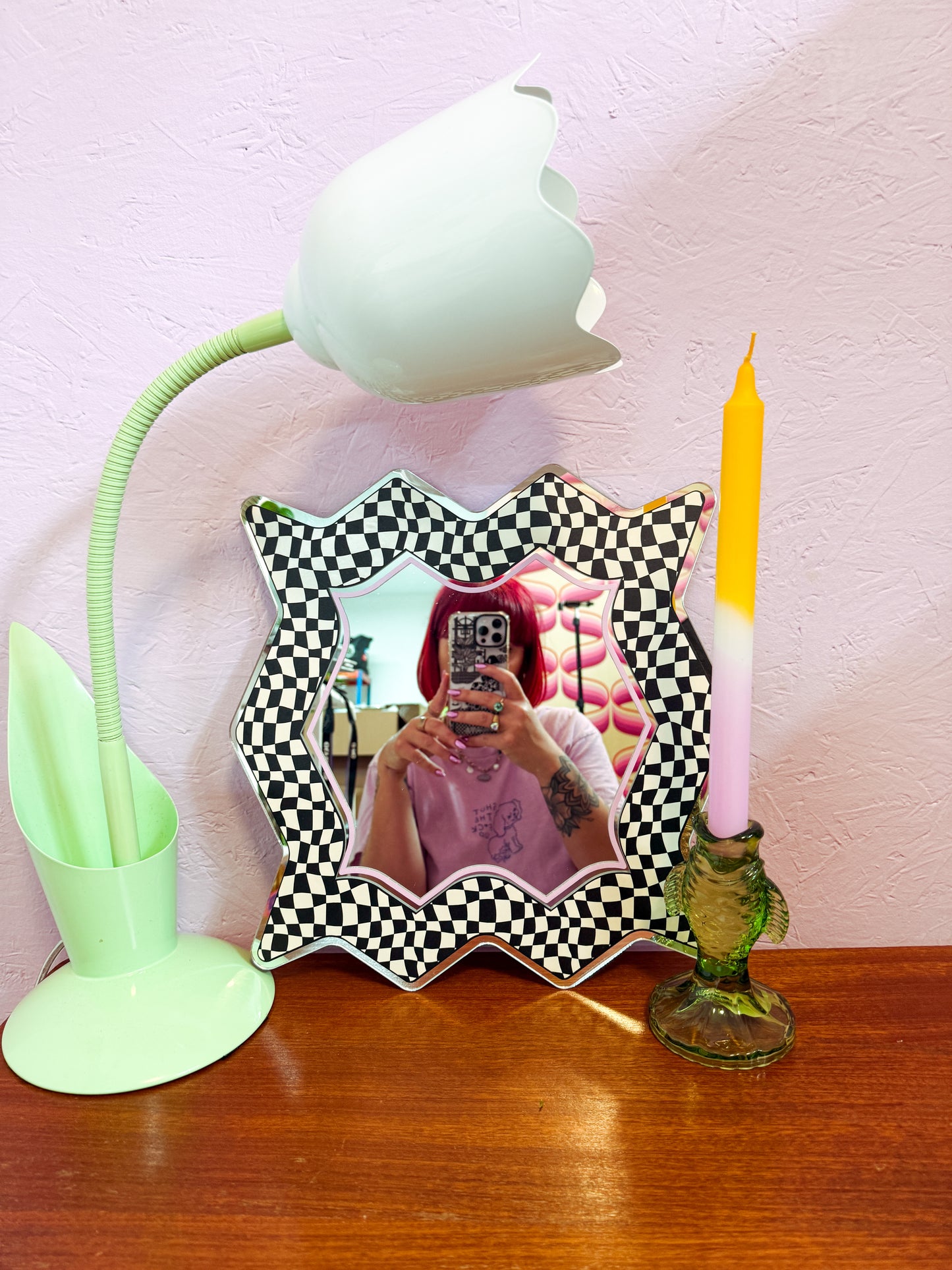 Spikey Checkerboard Mirror - Black/Cream/Pink