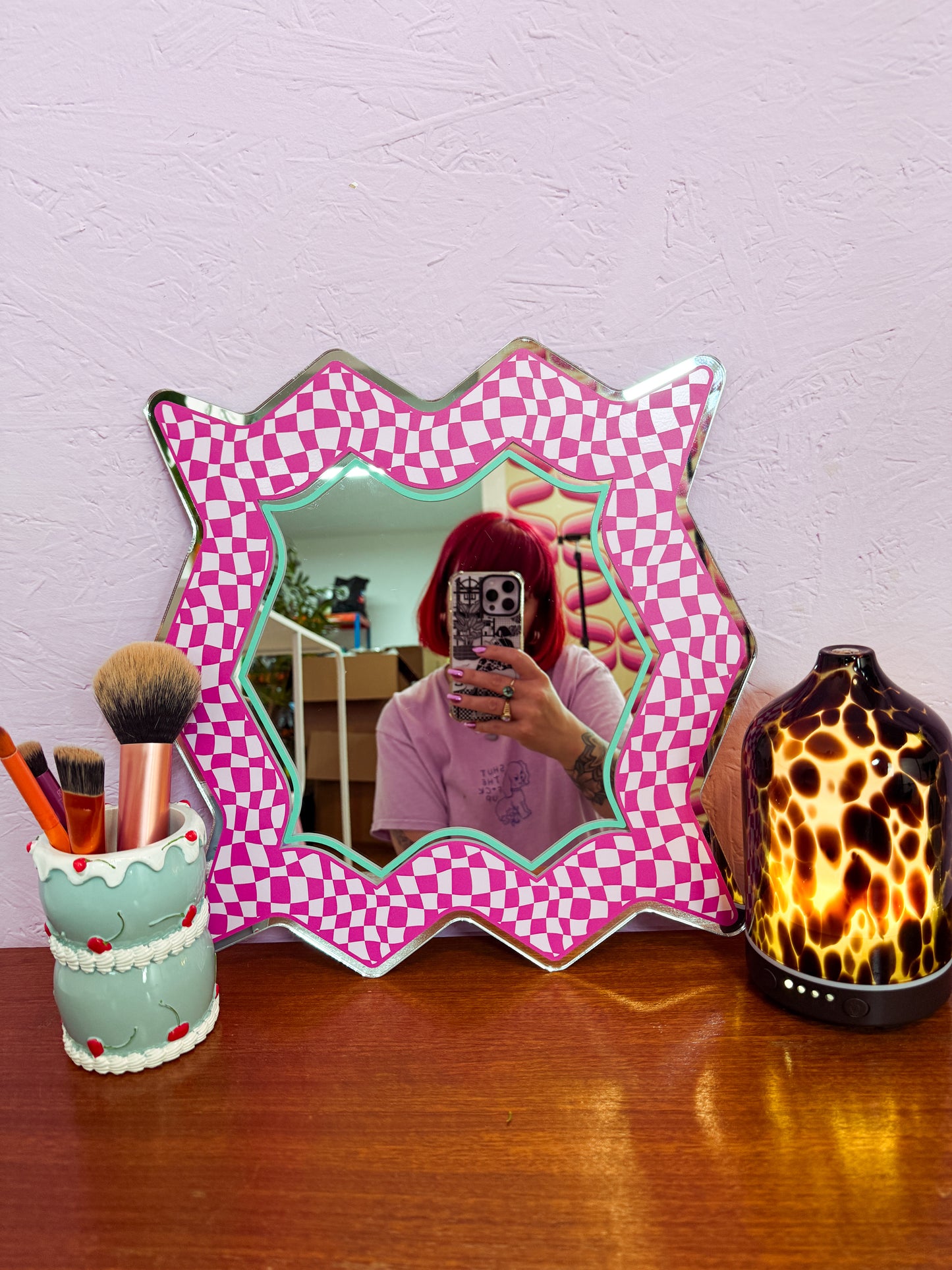 Spikey Checkerboard Mirror - Hot Pink/Pink
