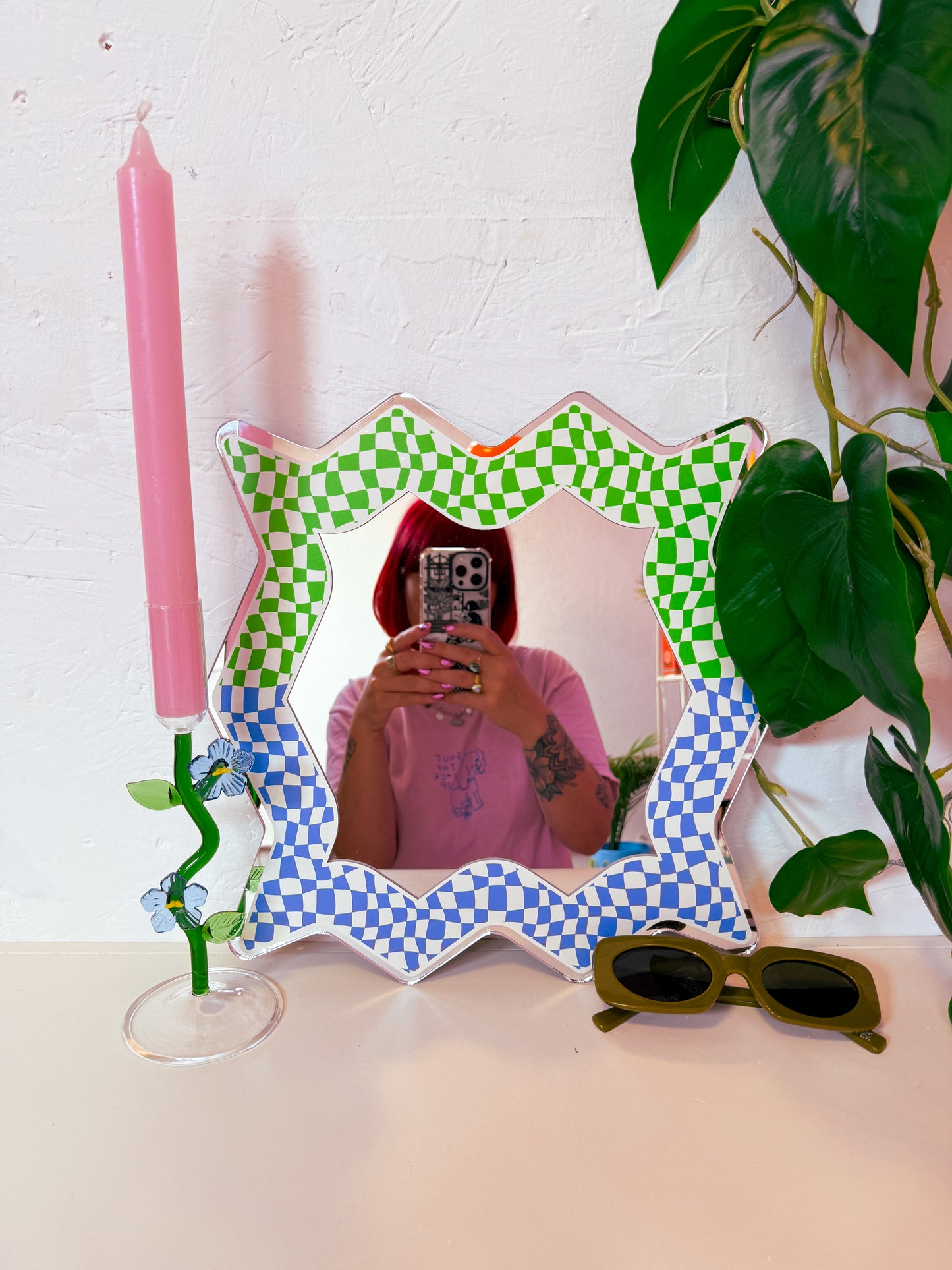 Spikey Checkerboard Mirror - Green/Blue