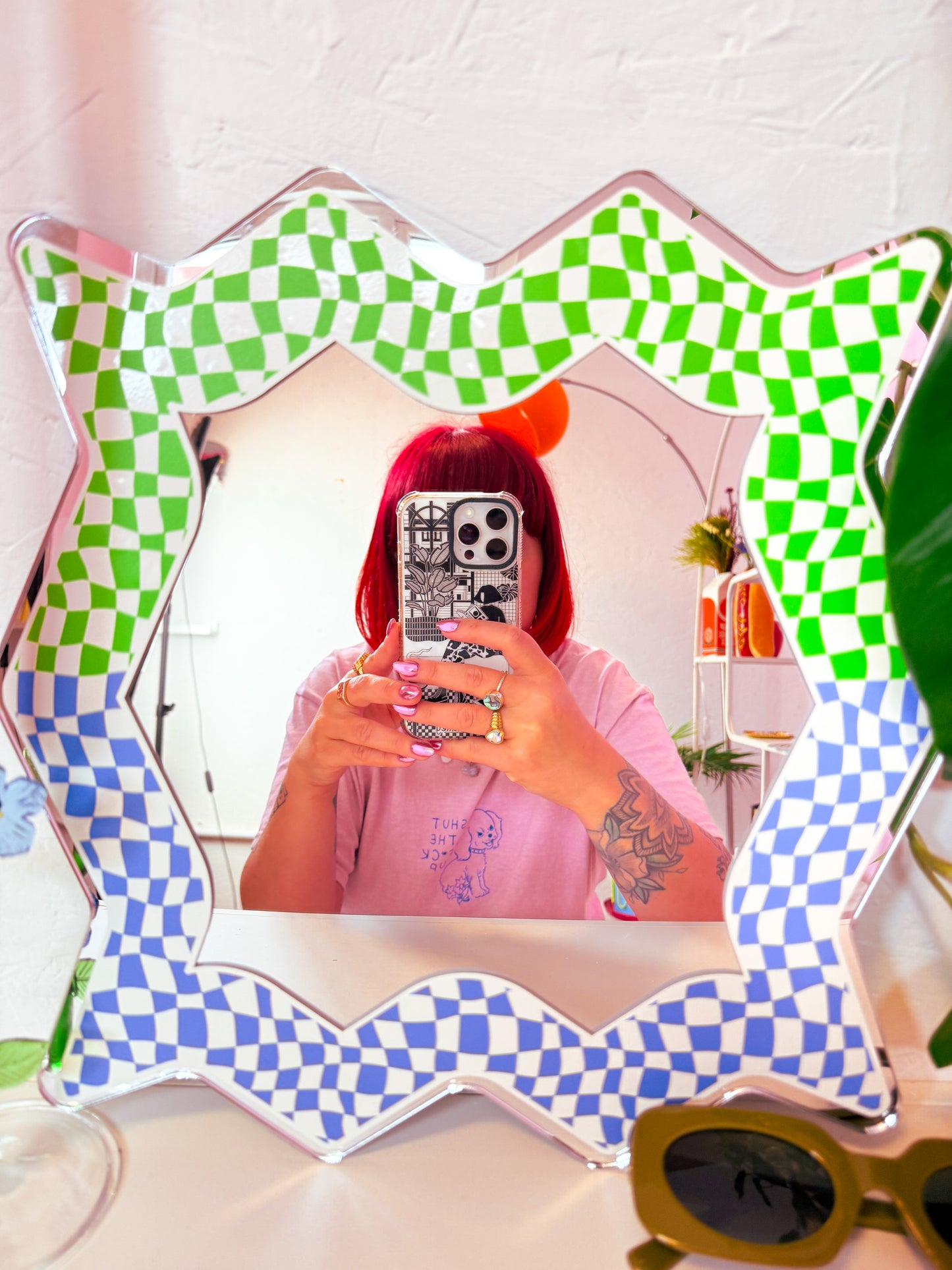 Spikey Checkerboard Mirror - Green/Blue