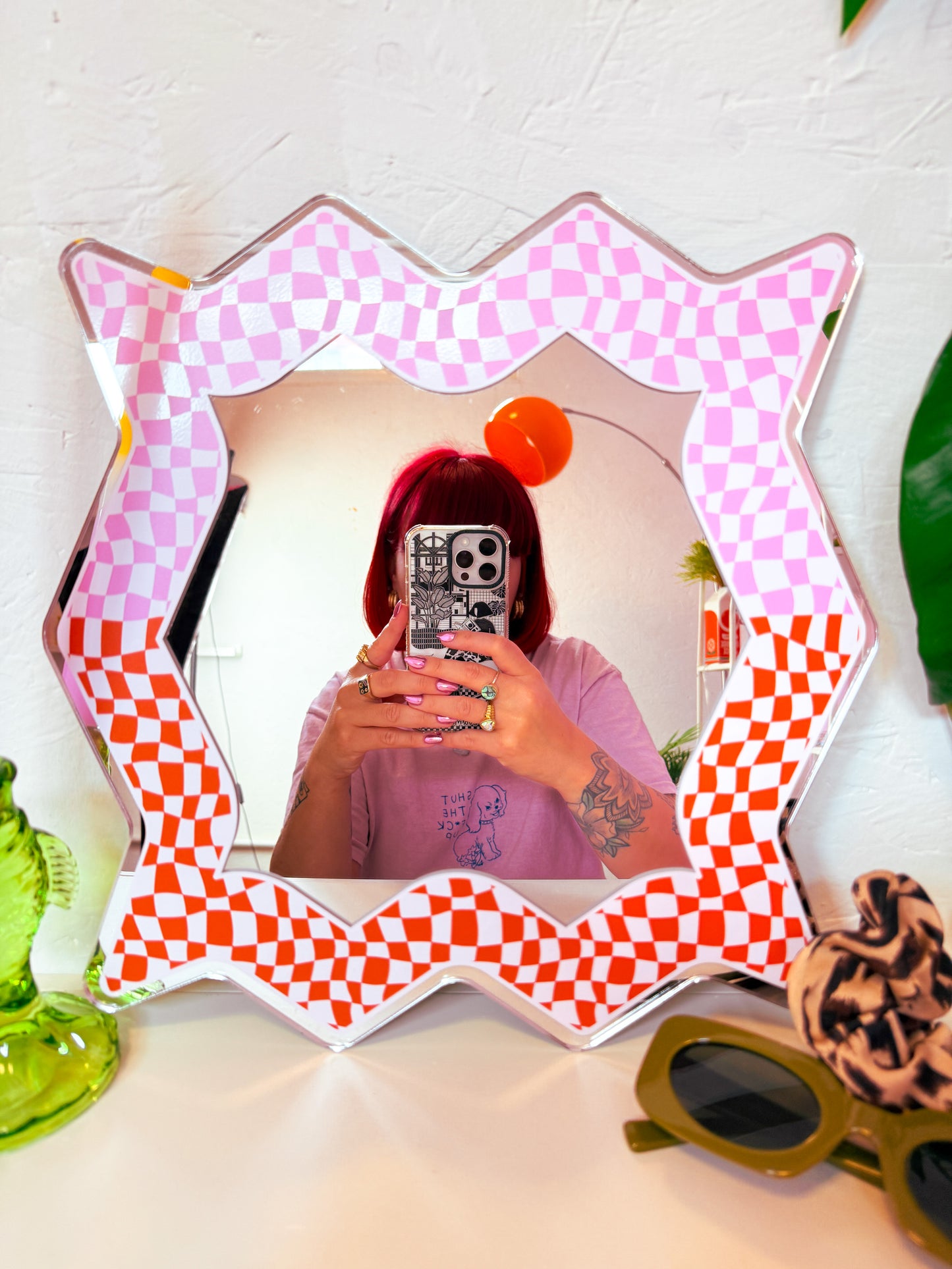 Spikey Checkerboard Mirror - Pink/Orange