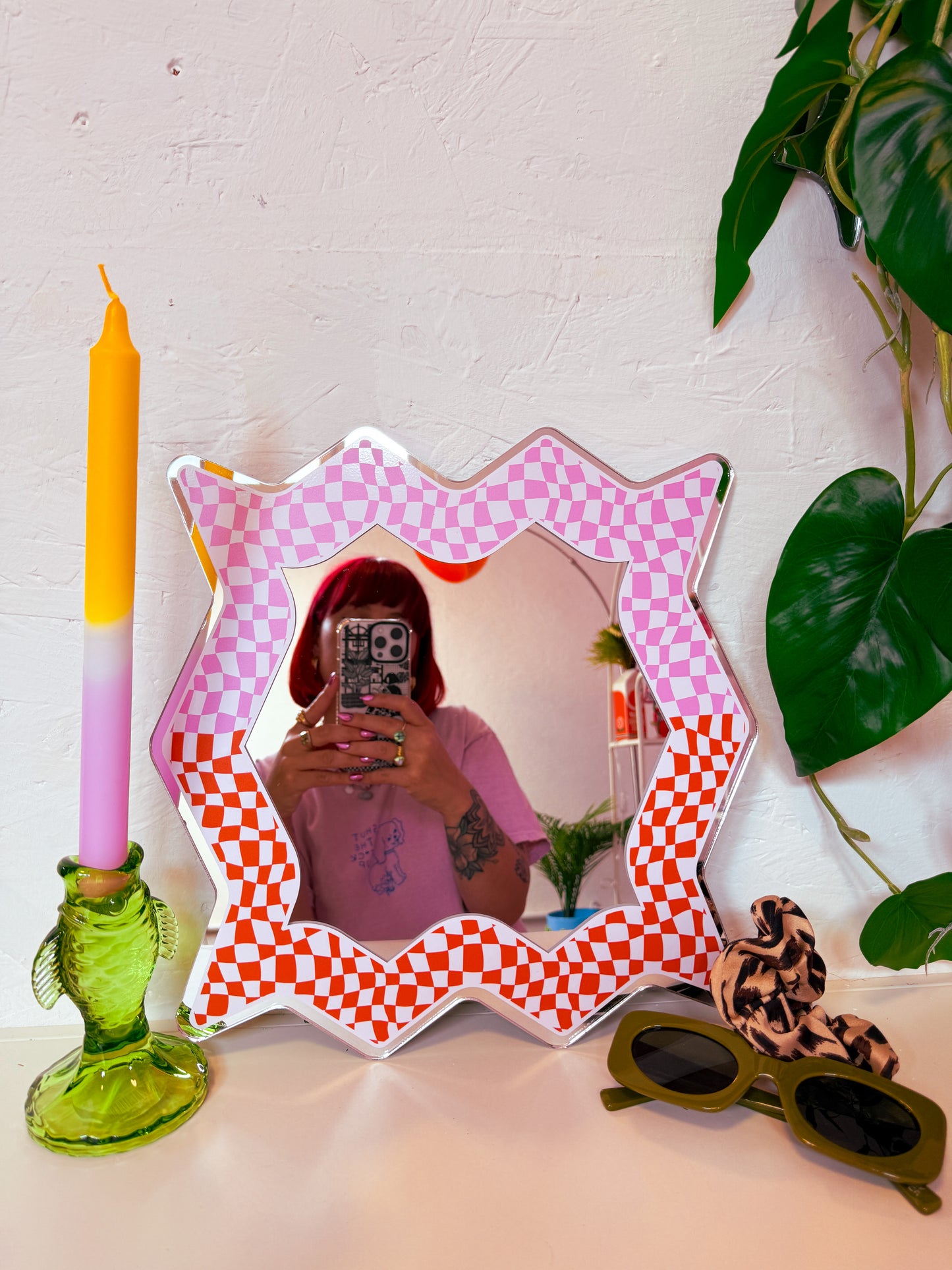 Spikey Checkerboard Mirror - Pink/Orange