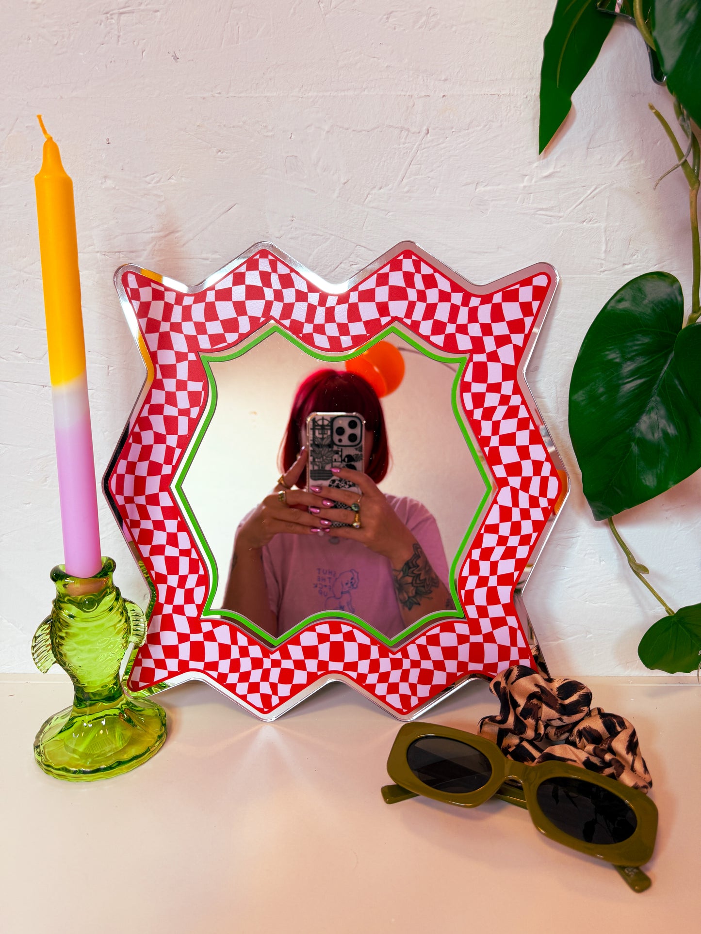 Spikey Checkerboard Mirror - Red/Pink/Green