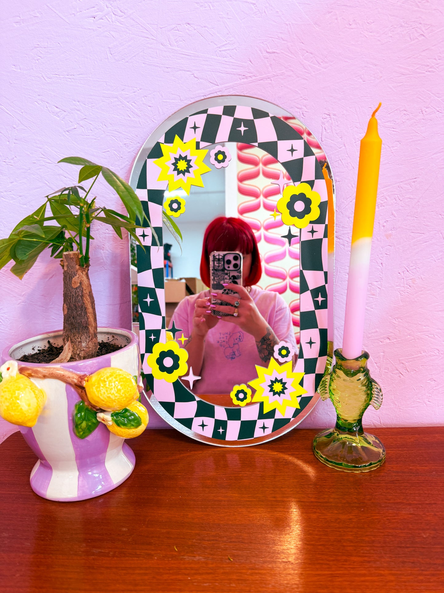 Oval Floral Check Mirror - Teal & Pink
