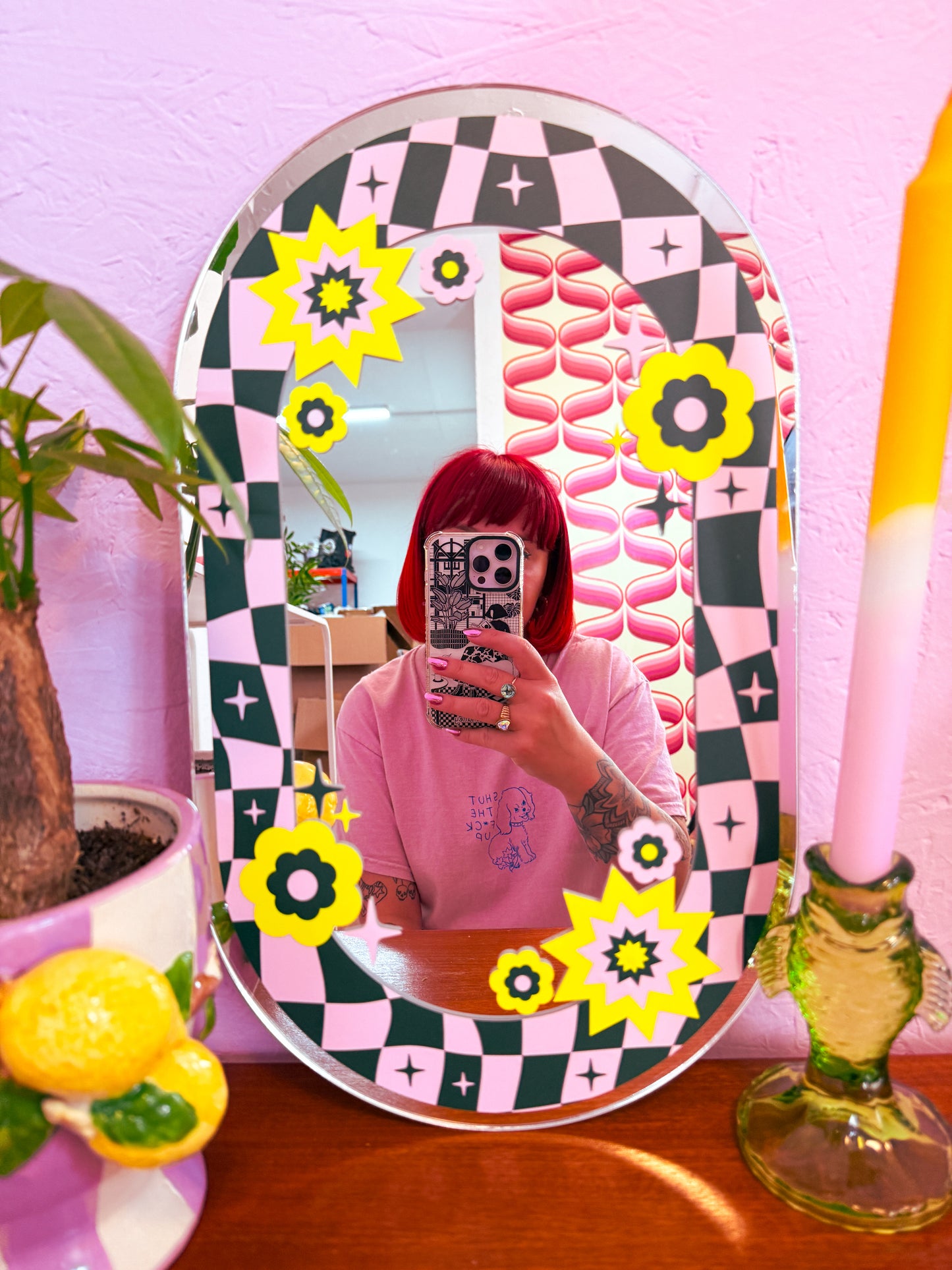 Oval Floral Check Mirror - Teal & Pink