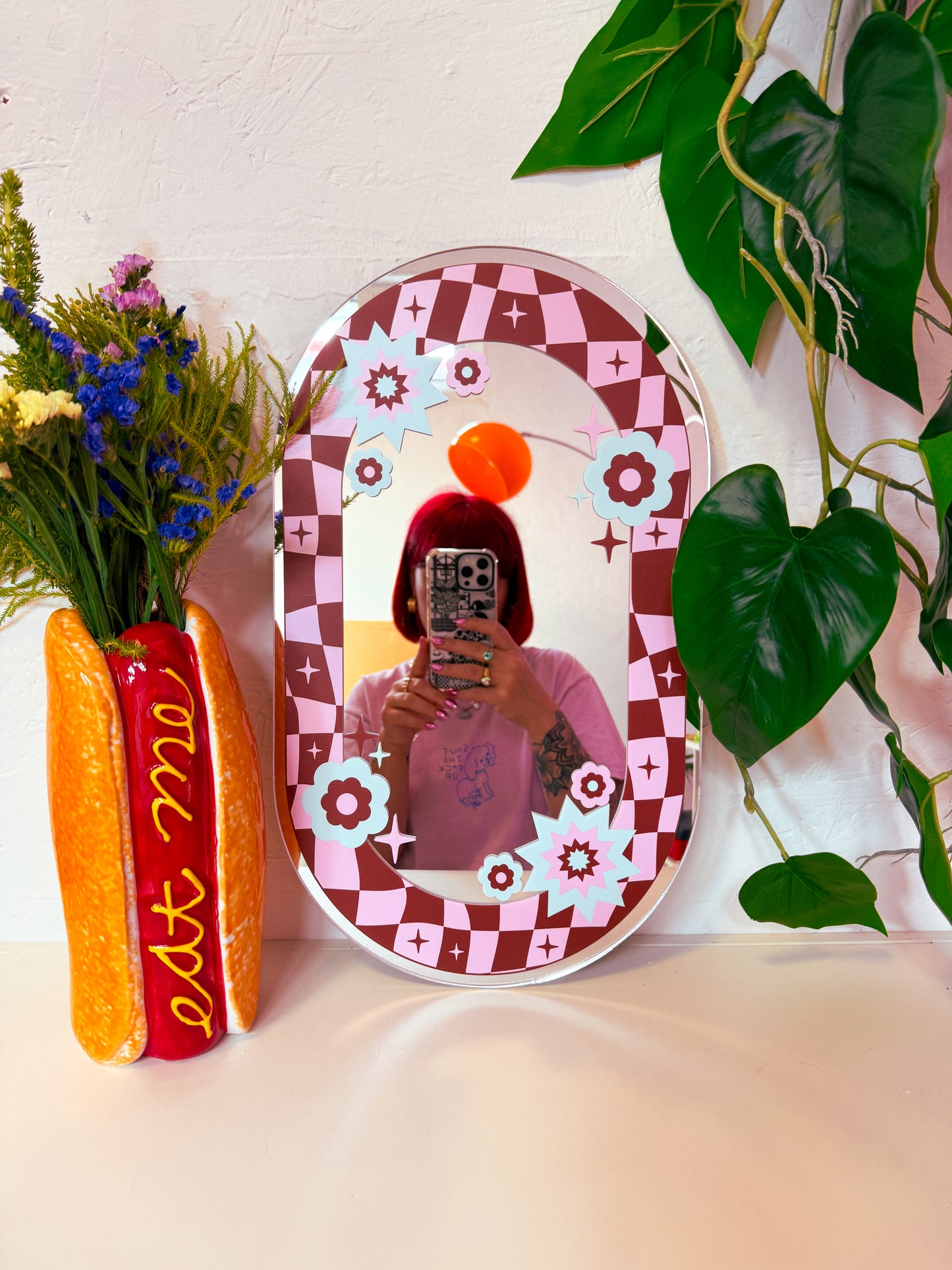 Oval Floral Check Mirror - Burgandy & Pink