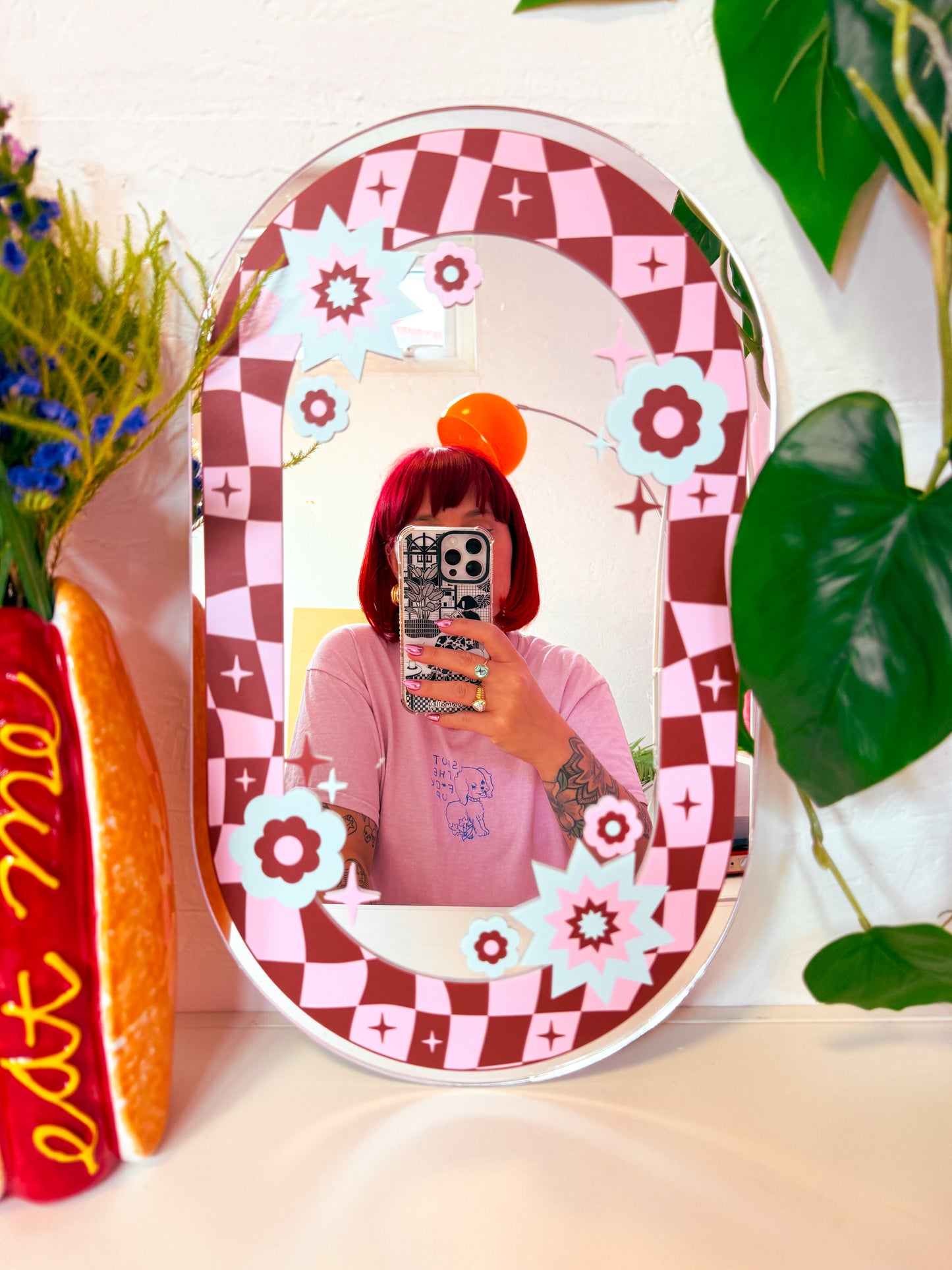 Oval Floral Check Mirror - Burgandy & Pink