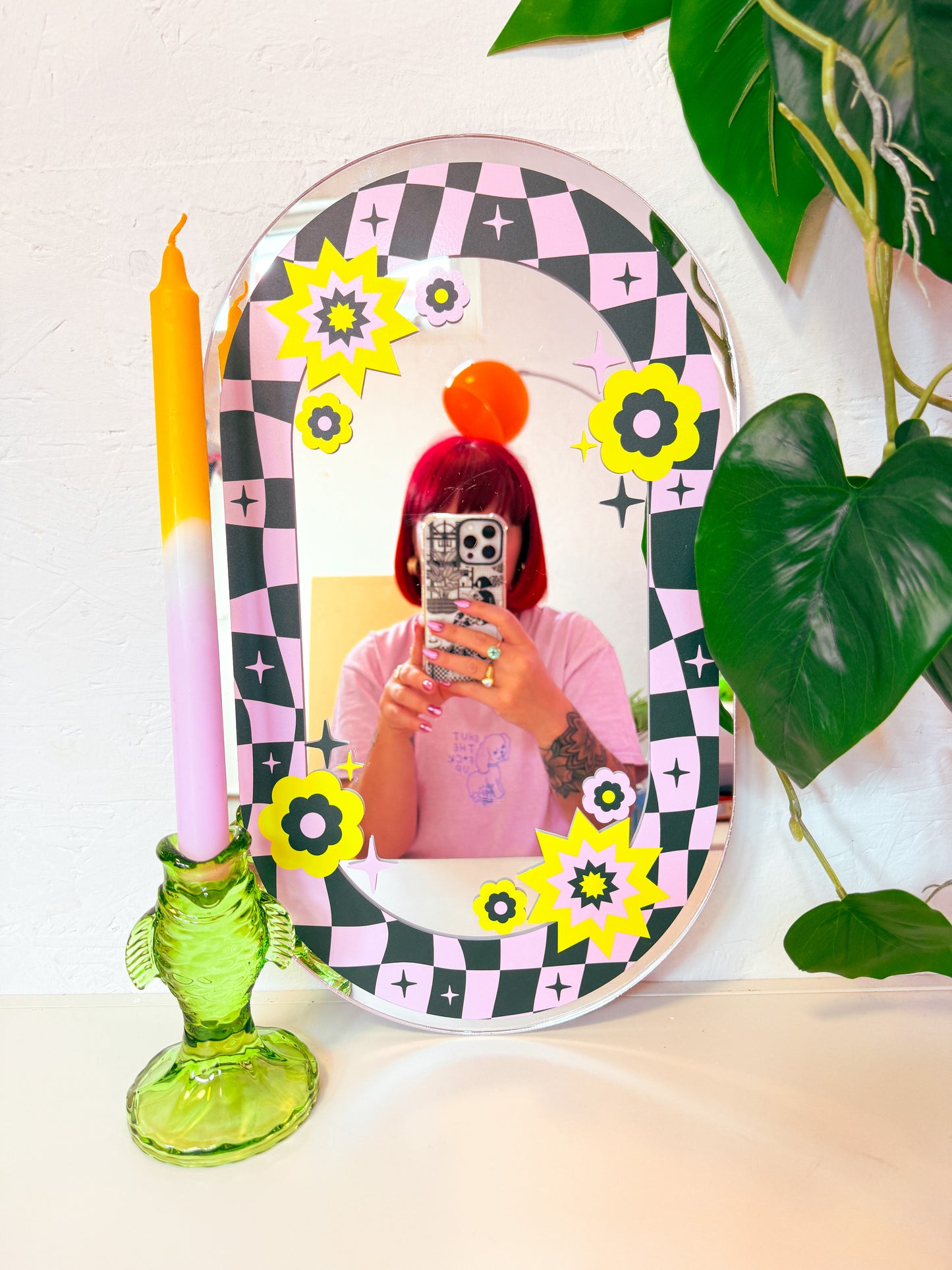Oval Floral Check Mirror - Teal & Pink