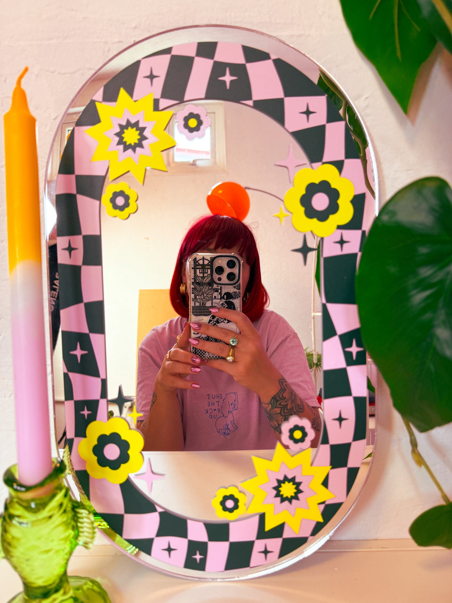 Oval Floral Check Mirror - Teal & Pink