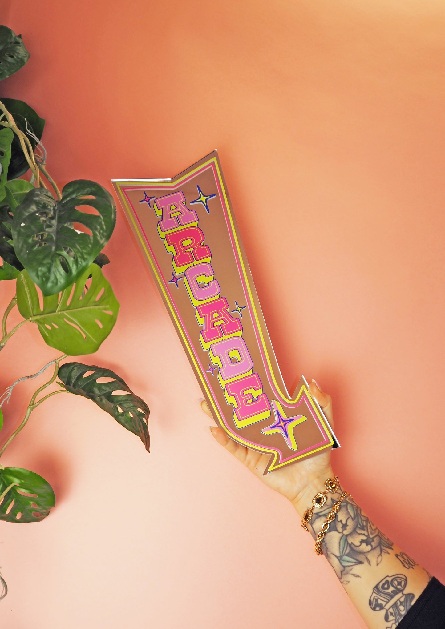 Retro Arcade Arrow Mirror - Green & Pink