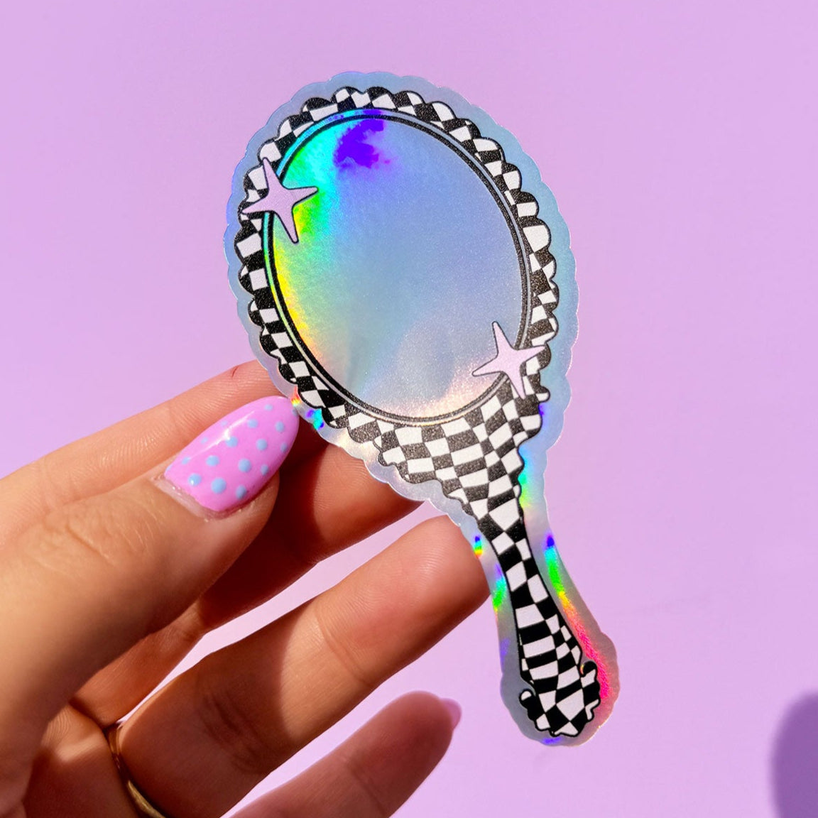 Hand Held Mirror Holographic Sticker - Black & White - WS