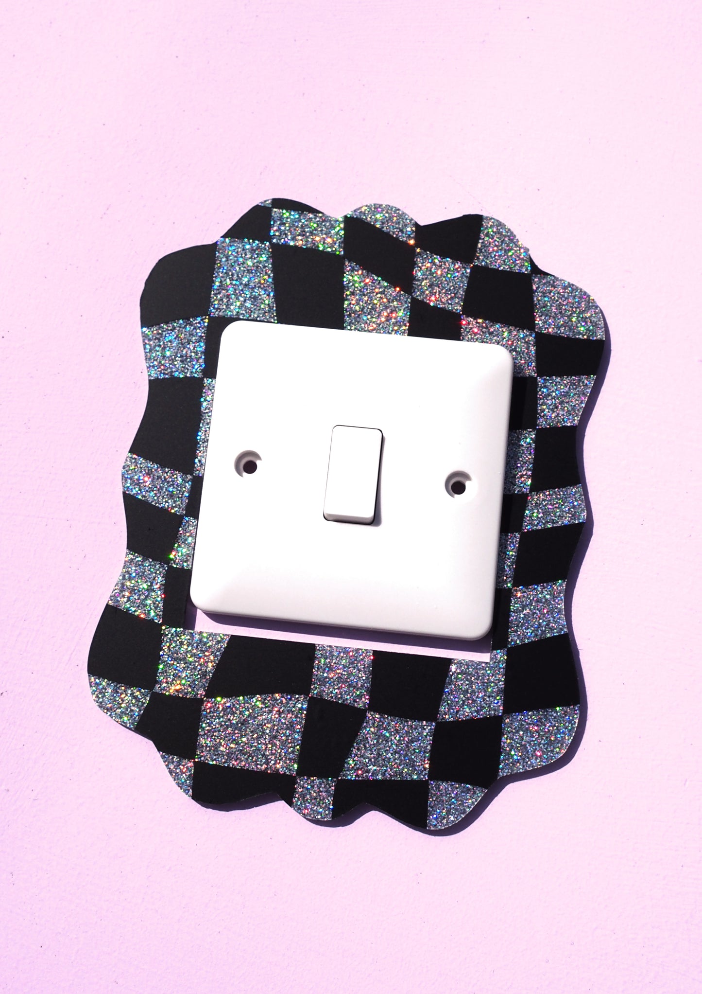 Retro Frame Light Switch Cover - Black Checkerboard & Silver Holographic