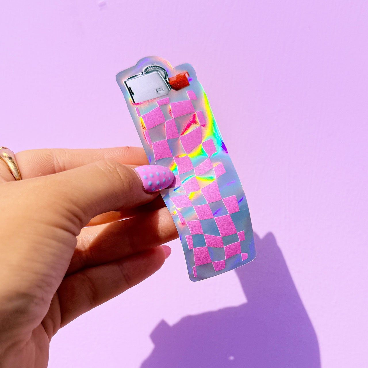 Pink Checkerboard Lighter - Holographic Sticker - WS