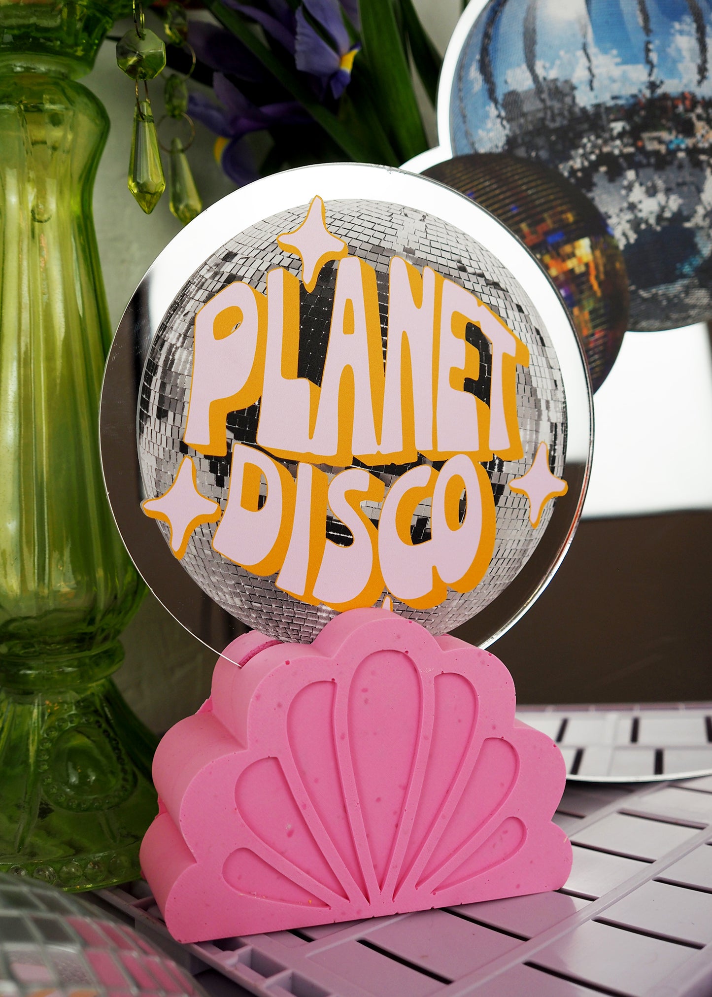 Orange & Pink Planet Disco Disc Mirror