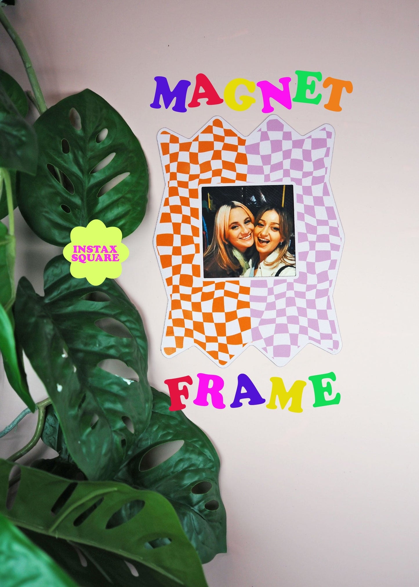 Zig Zag Checkerboard Print Magnet Frame - Pink & Orange - WS