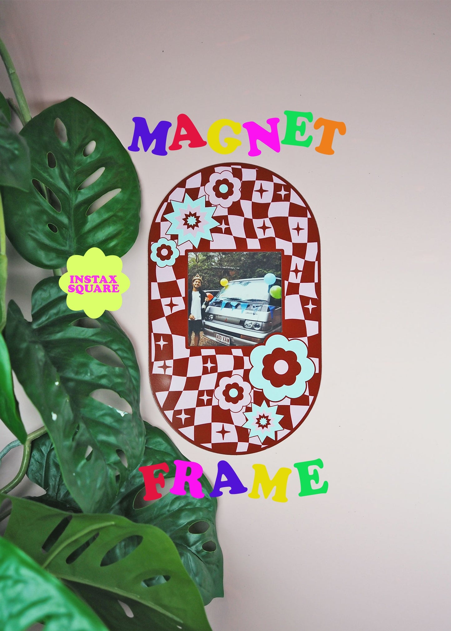 Oval Checkerboard Print Magnet Frame - Burgandy