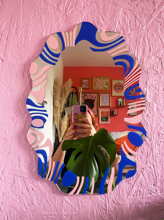 Pastel Pink & Electric Blue Wavy Mirror - PrintedWeird