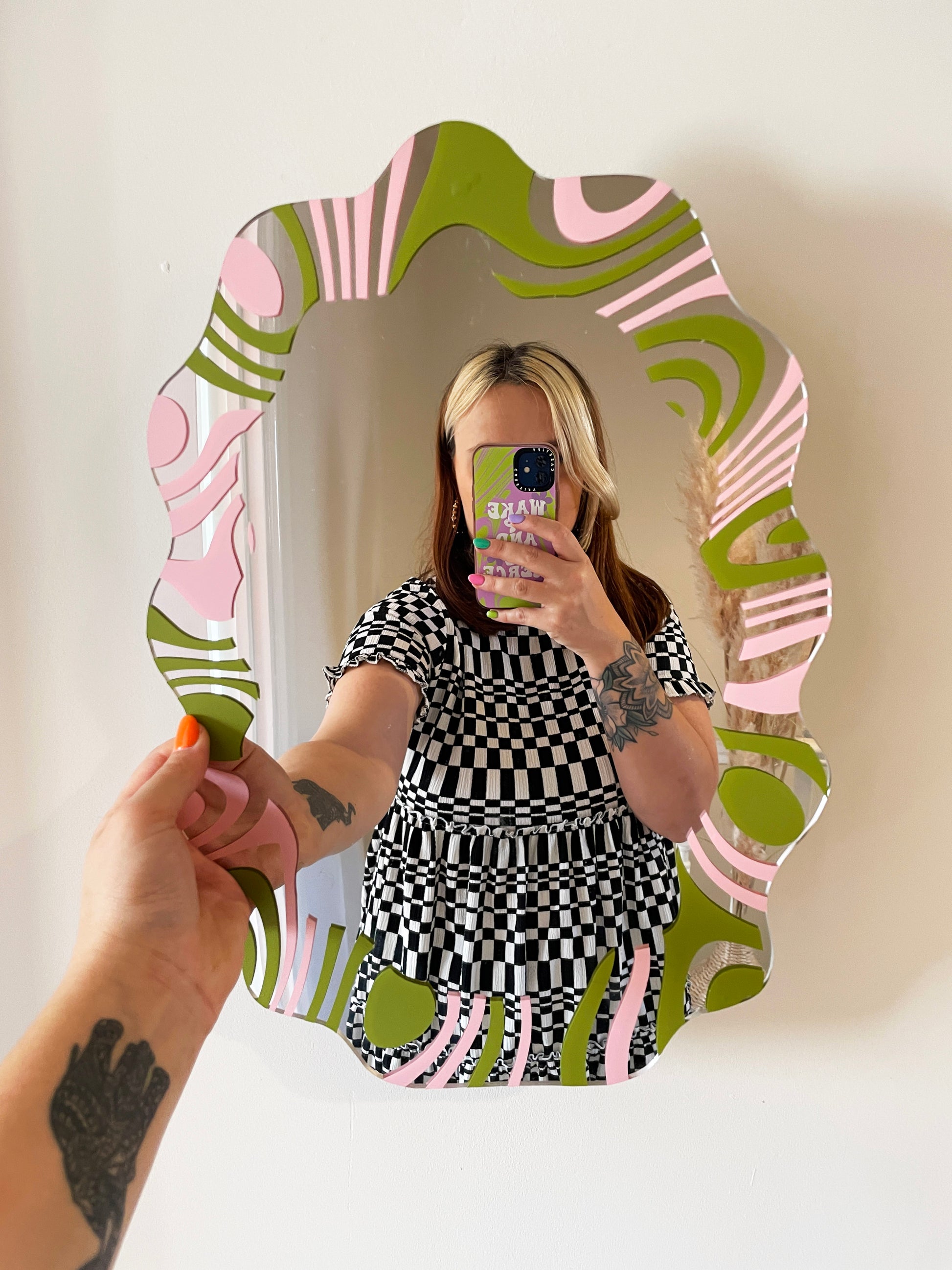 Olive & Pink Marbling Border Wavy Mirror - PrintedWeird