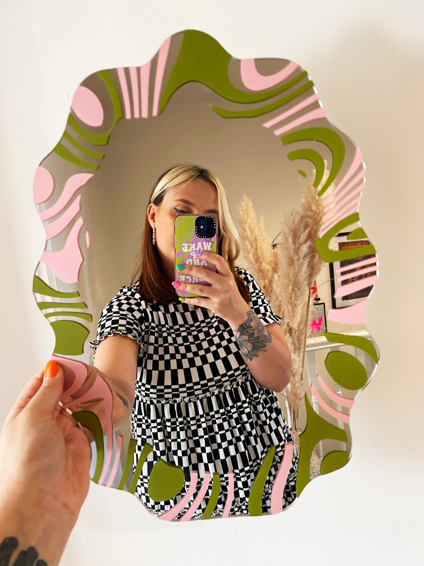 Olive & Pink Marbling Border Wavy Mirror - PrintedWeird