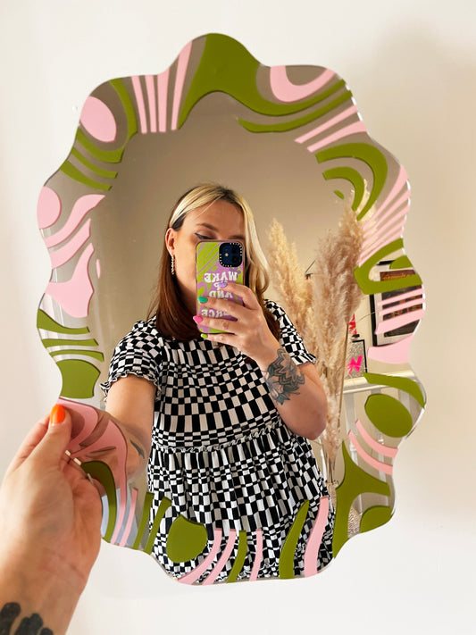 Olive & Pink Marbling Border Wavy Mirror - PrintedWeird