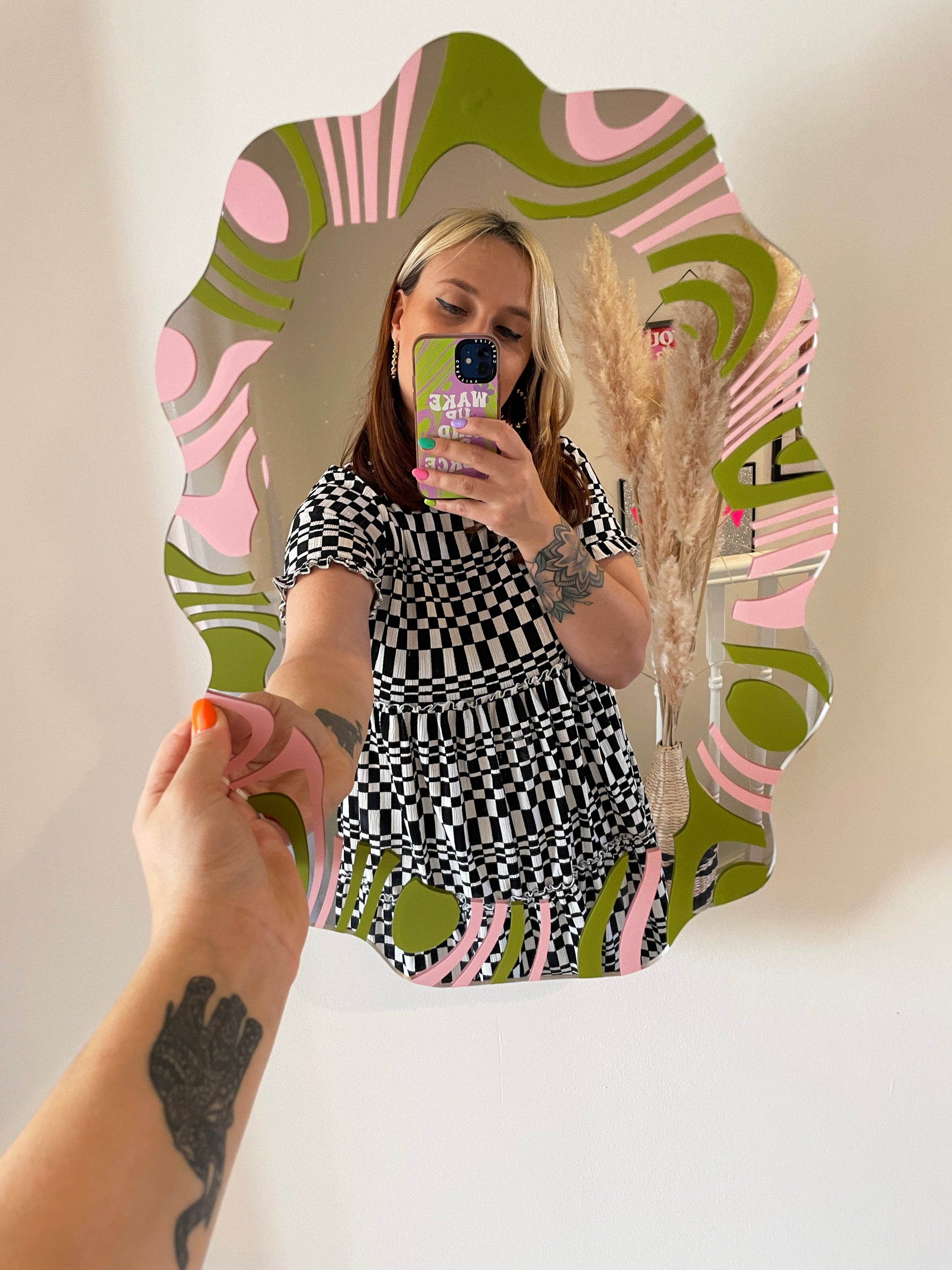 Olive & Pink Marbling Border Wavy Mirror - PrintedWeird