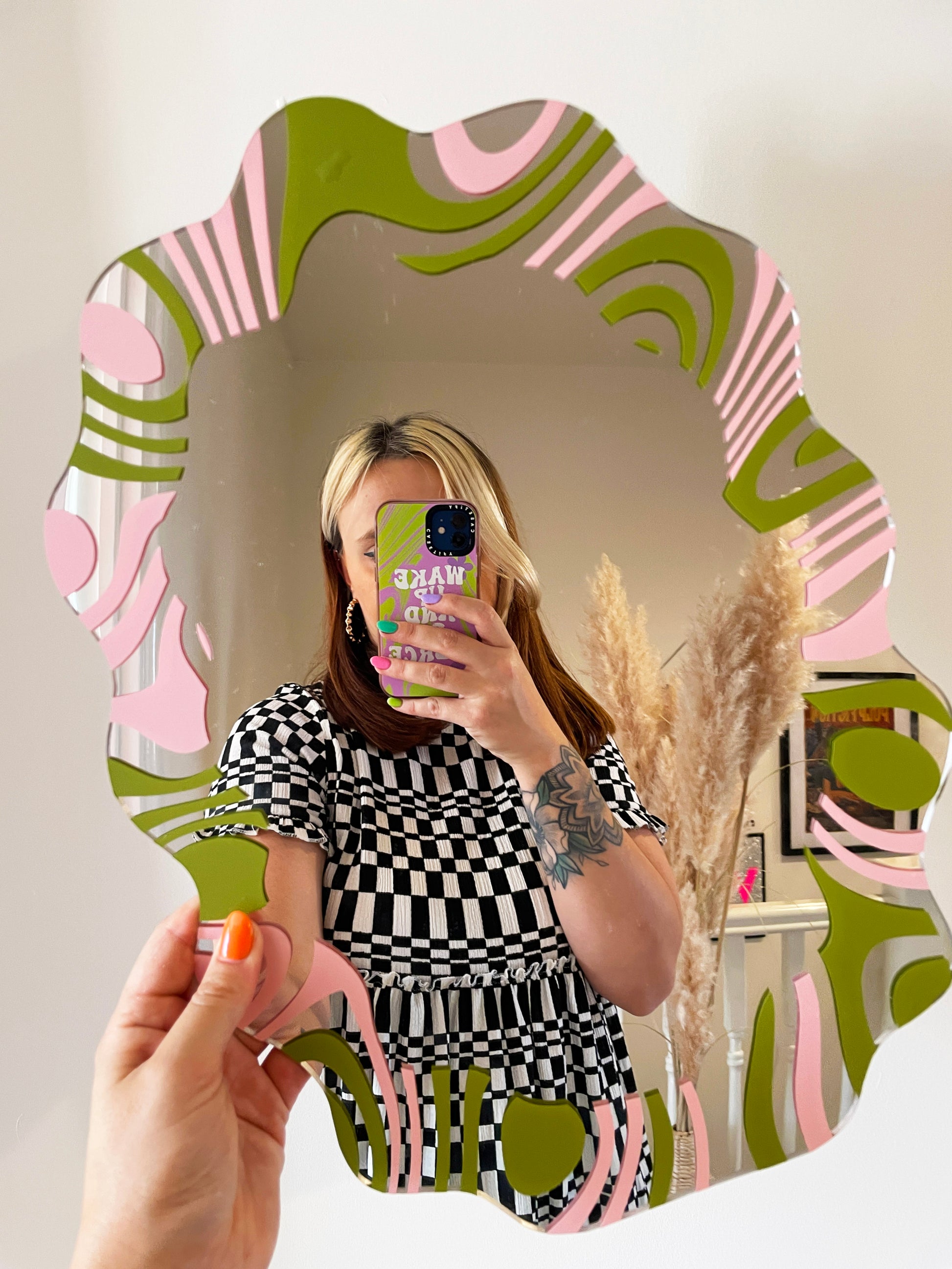 Olive & Pink Marbling Border Wavy Mirror - PrintedWeird