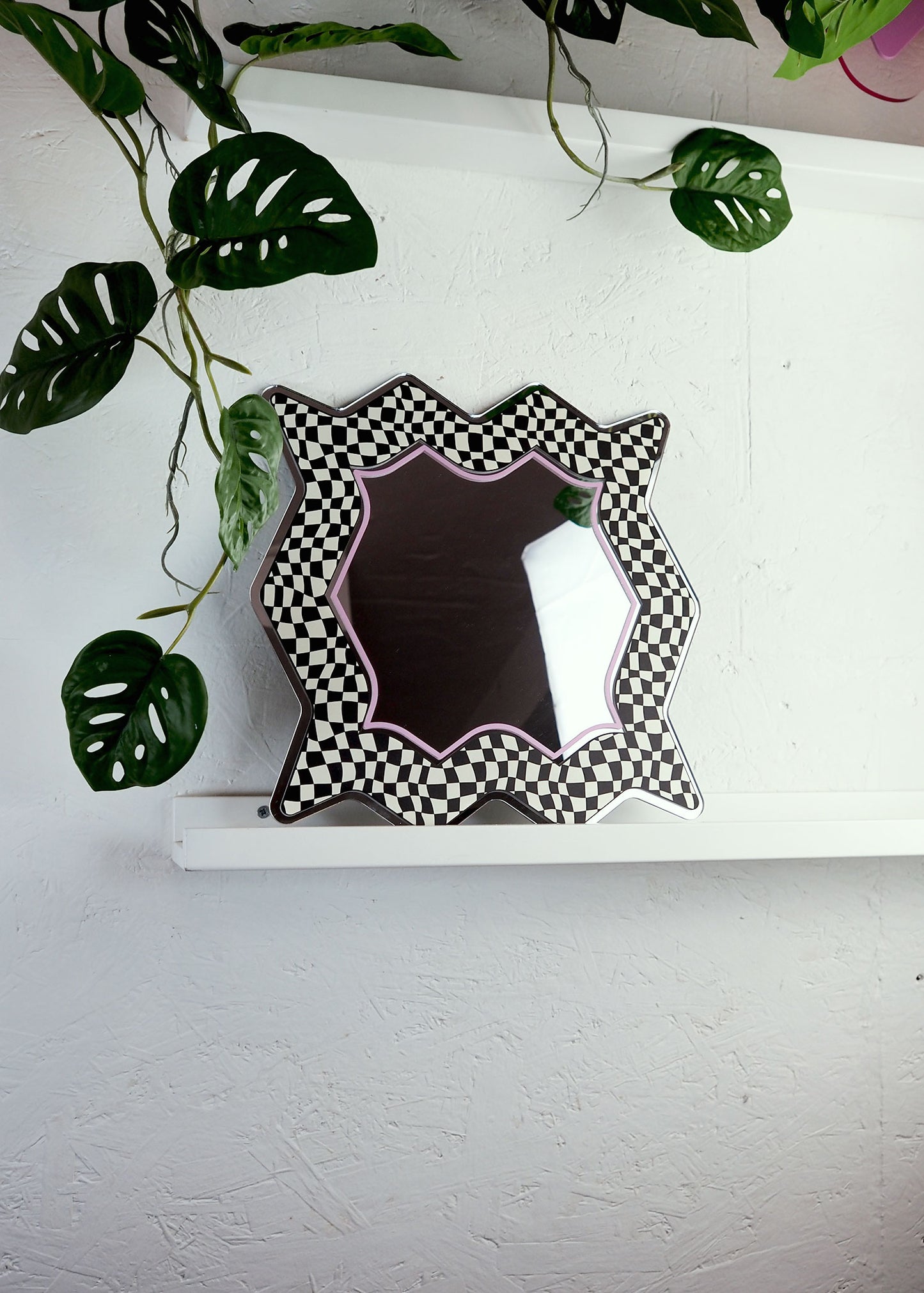 Spikey Checkerboard Mirror - Black/Cream/Pink